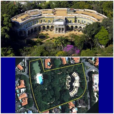 Acima, a fachada da mansão; abaixo, percebe-se a grandiosidade do terreno