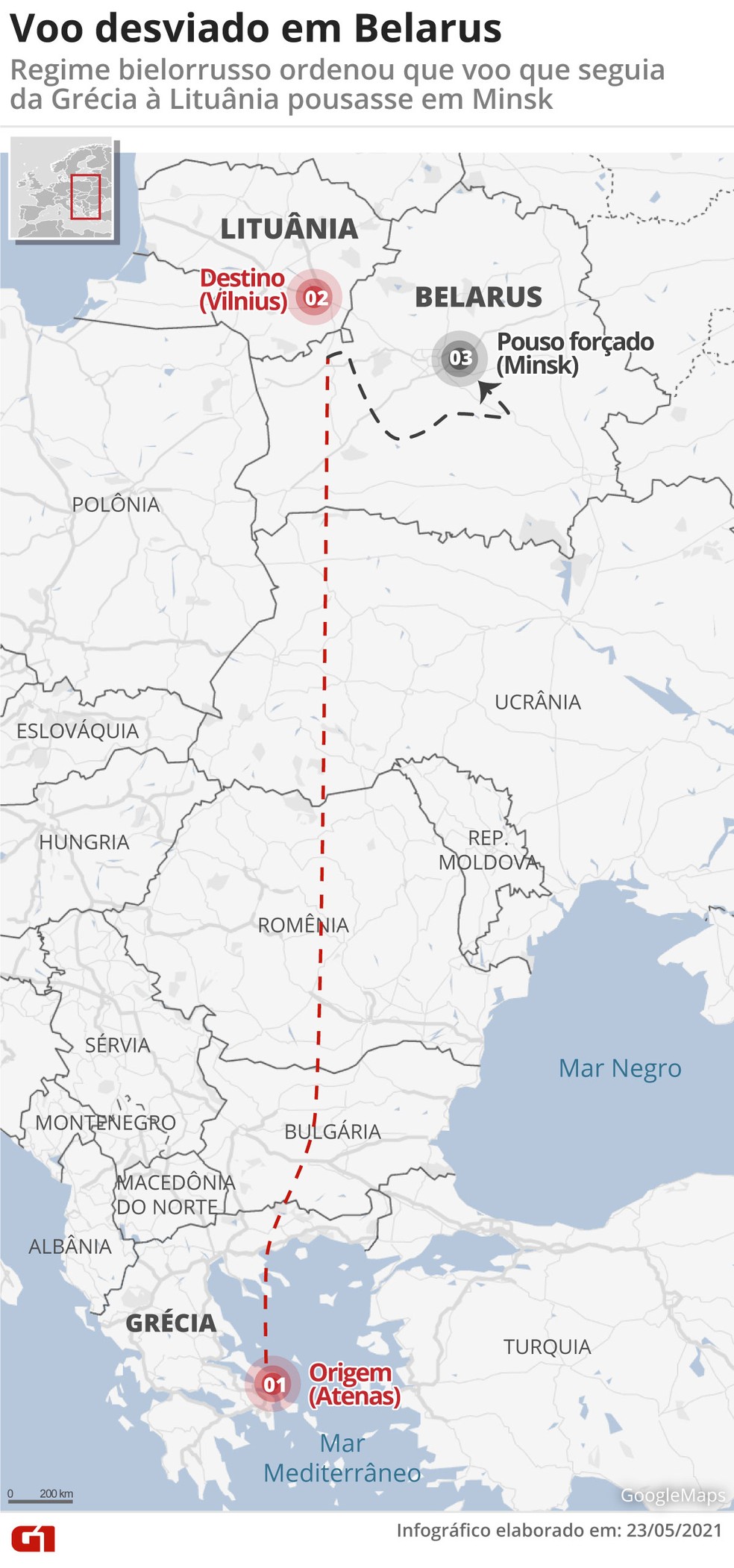 MAPA - Voo desviado em Belarus — Foto: Guilherme Pinheiro/Arte/G1