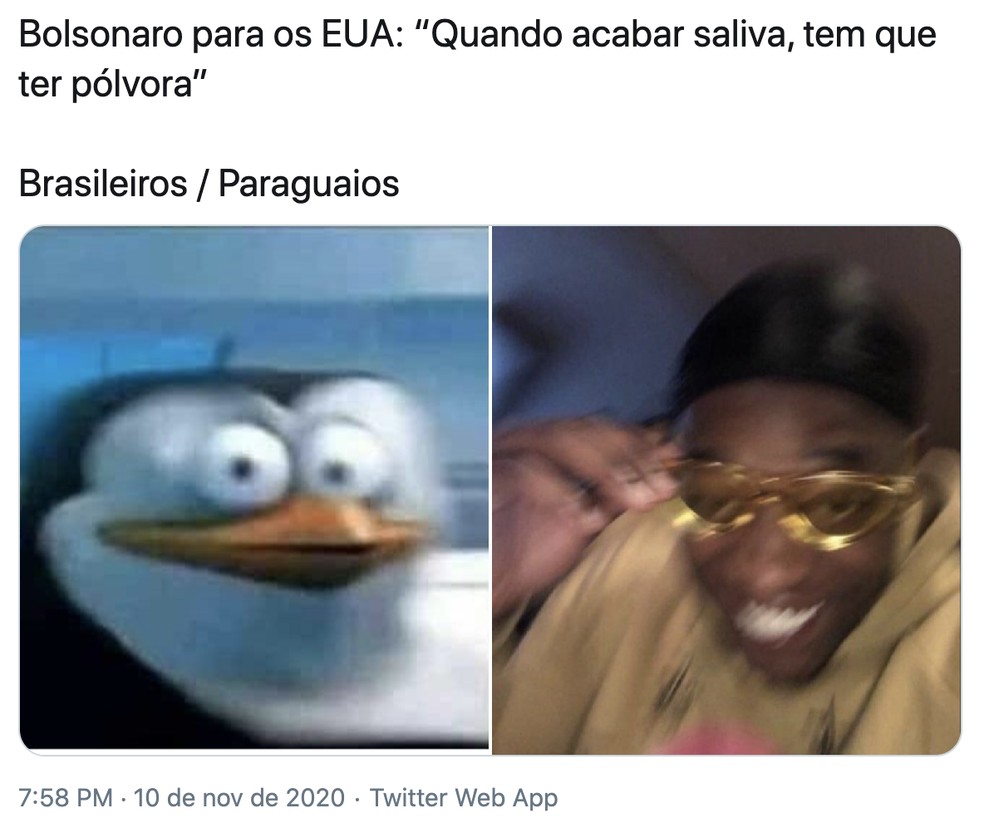 Usuários fizeram memes sobre declaração do presidente Jair Bolsonaro sobre pólvora. — Foto: Reprodução/Redes sociais