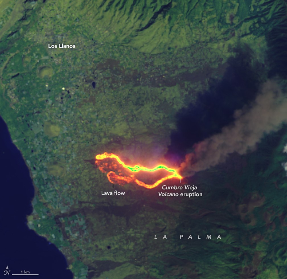 Mais perto: Imagem mostra o rastro da lava em La Palma em 26 de setembro — Foto: Landsat 8/Earth Observatory/Nasa