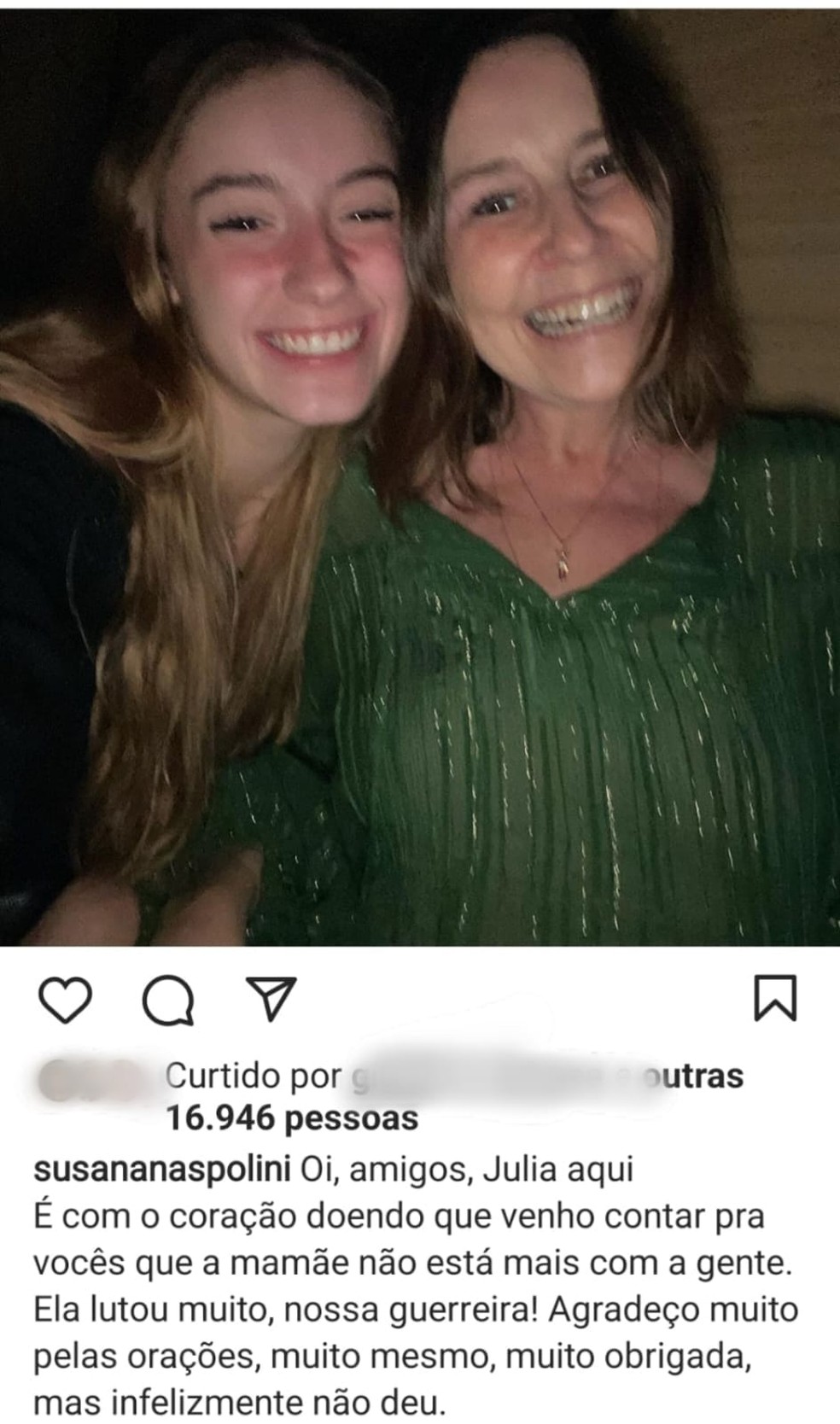 Filha de Susana Naspolini posta despedida — Foto: Reprodução