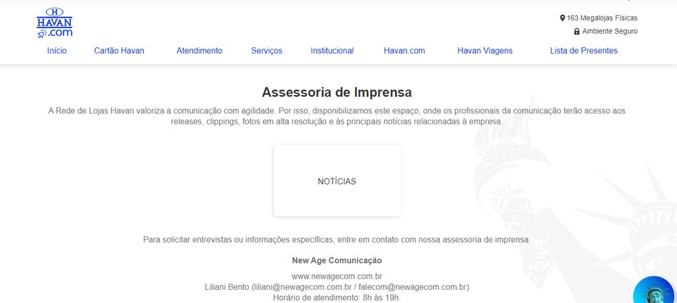 Site da Havan relaciona Liliani Bento em página de contatos de assessoria de imprensa da empresa — Foto: Reprodução/Havan