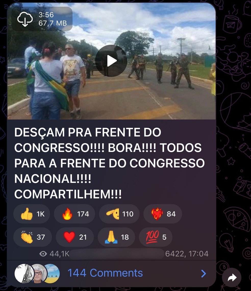 Mensagem enviada em grupo bolsonarista no Telegram em janeiro de 2023 — Foto: Reprodução