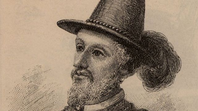 Gravura de Ponce de Leon, um homem branco espanhol de barba e chapéu dos anos 1500
