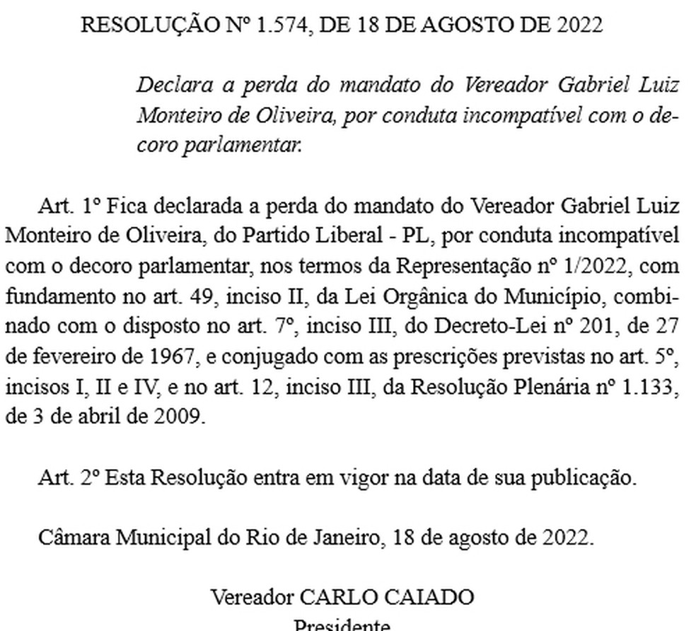 Cassação de Gabriel Monteiro é publicada no Diário Oficial da Câmara de Vereadores do Rio de Janeiro — Foto: Reprodução/ Diário Oficial da Câmara de Vereadores do Rio