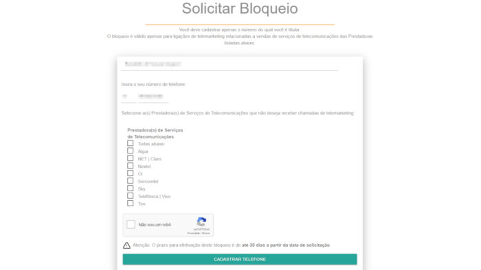 Não Me Perturbe / bloquear ligações de telemarketing
