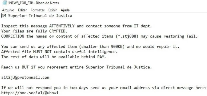 Mensagem dos hackers ao STJ (Imagem: Reprodução/O Bastidor)