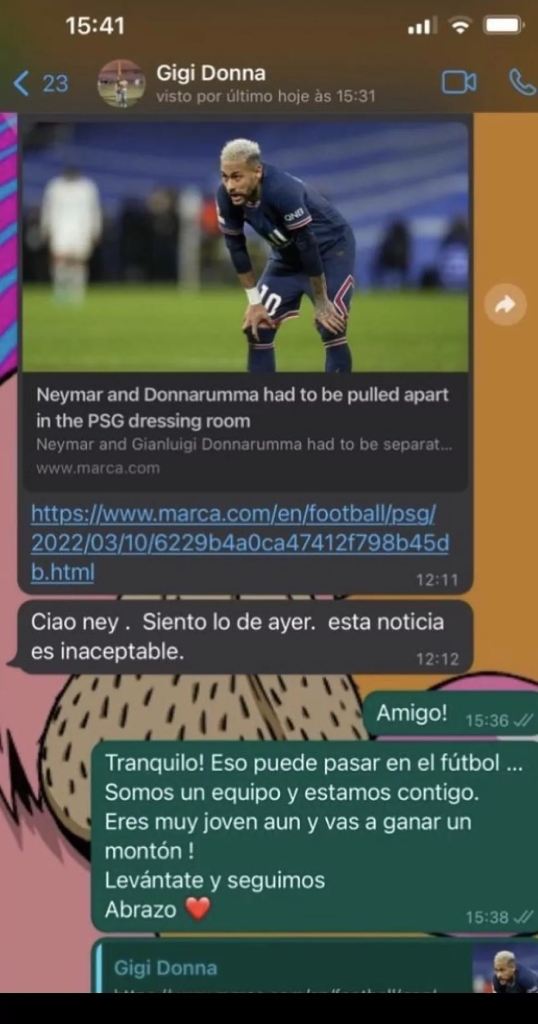 Neymar publicou print de conversa com Donnarumma -